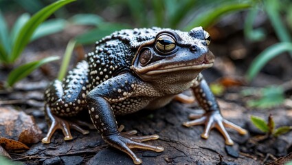 Fototapeta premium Detailed close-up of a house toad showcasing its unique rough skin texture and natural habitat in a lush green environment.