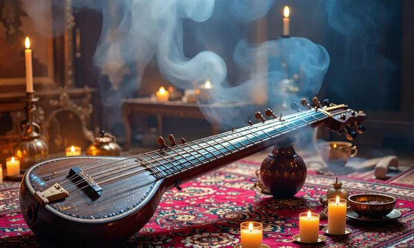 Snowy vintage sitar with rising smoke surrounded by glowing candles in dimly lit traditional room with ornate decor. 