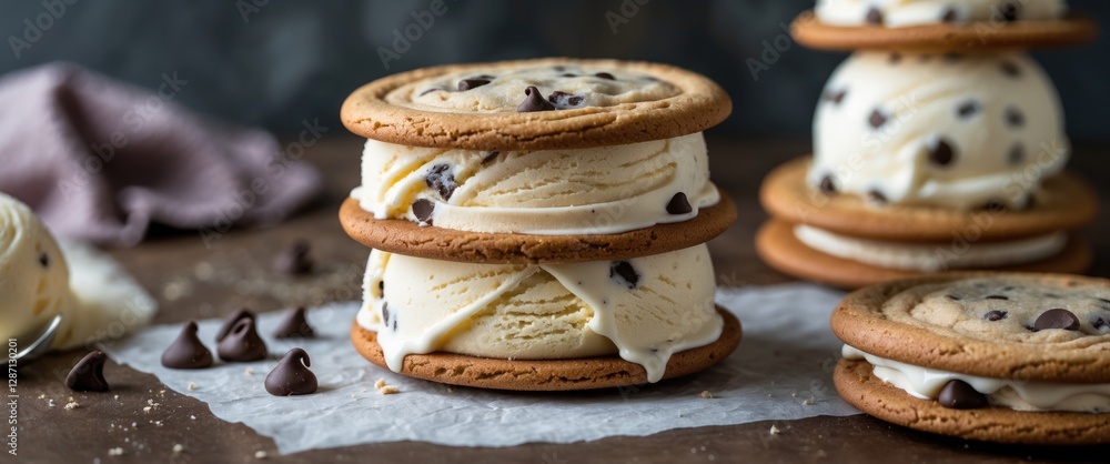 Poster delicious homemade chocolate chip cookie ice cream sandwiches stacked with creamy ice cream and choc