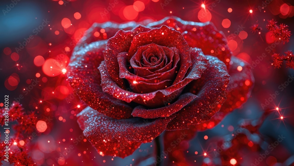 Leinwandbilder Vibrant red rose with sparkling effects set against a blurred background of red bokeh lights creating an enchanting and romantic atmosphere