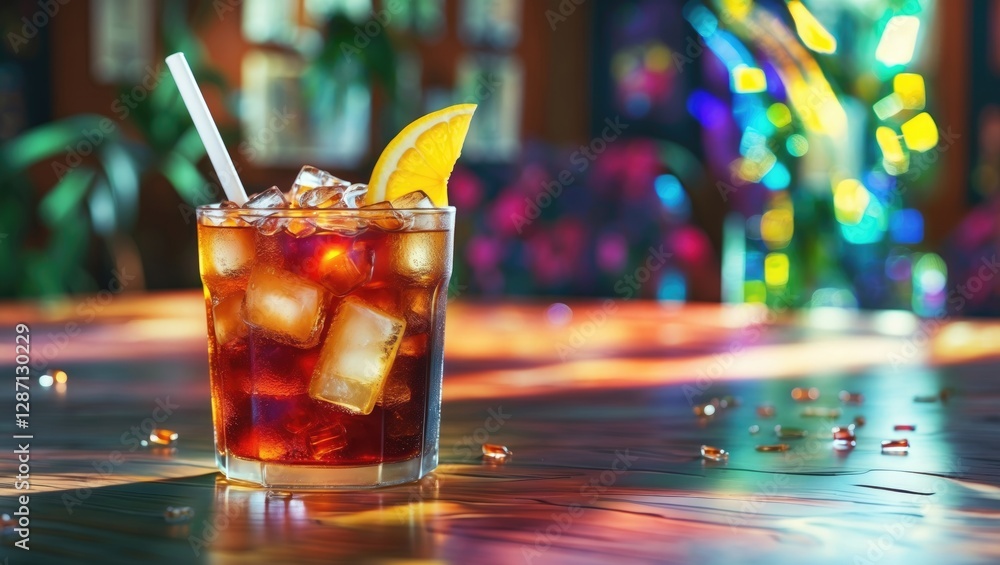 Poster Refreshing Iced Tea With Citrus Garnish On A Table Surrounded By Colorful Bokeh Background Ideal For Beverage Promotions And Summer Themes