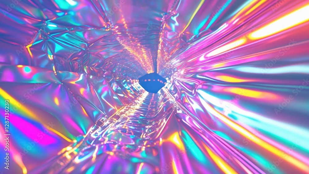 Leinwandbilder Abstract holographic tunnel with vibrant neon colors and reflective textures, creating a dynamic and visually stunning background design.