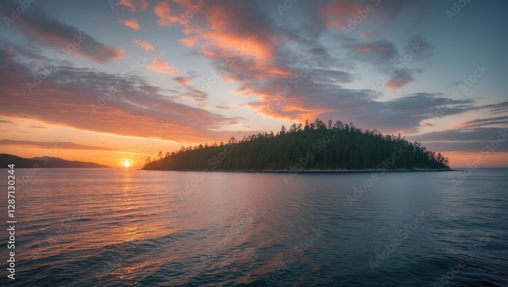 Aufkleber serene island sunset over calm waters in national park with expansive sky and space for text content