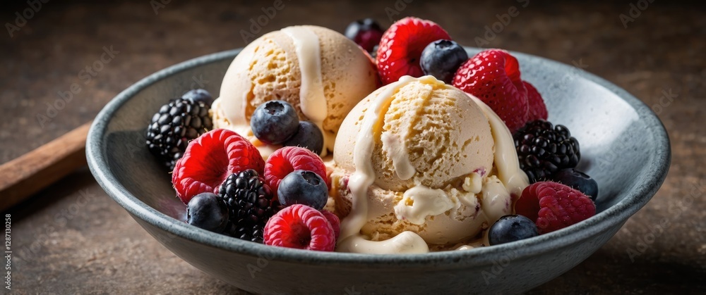 Poster delicious ice cream scoops topped with fresh raspberries blueberries and blackberries in a rustic bo