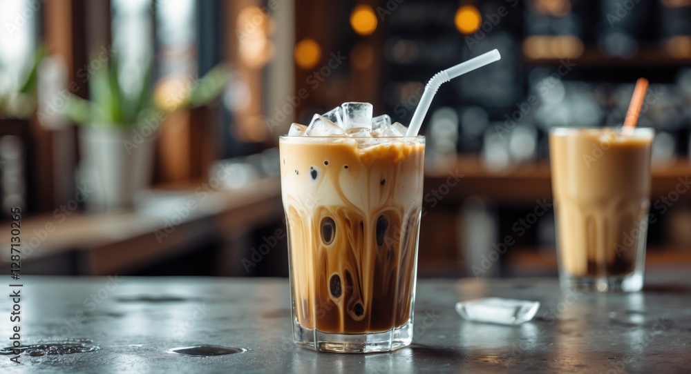 Aufkleber refreshing iced americano coffee in a tall glass with ice cubes and straw on a stylish cafã© table i