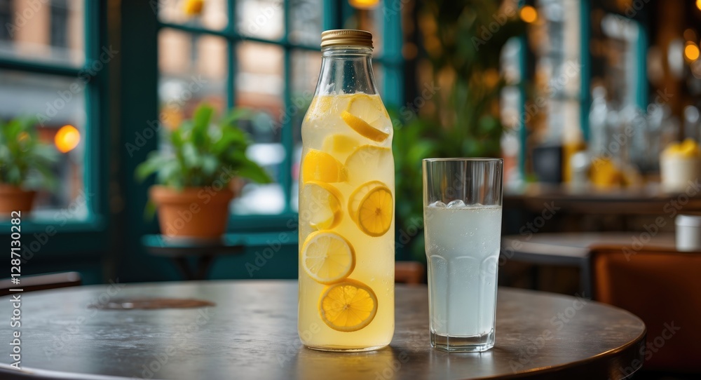 Aufkleber organic lemonade in glass bottle served in cafe with fresh lemon slices and glass of drink on rustic