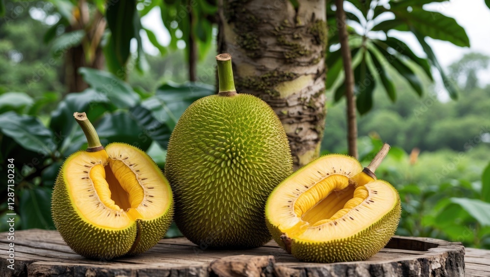 Poster jackfruit tree with ripe jackfruits displayed in natural setting surrounded by lush green foliage an