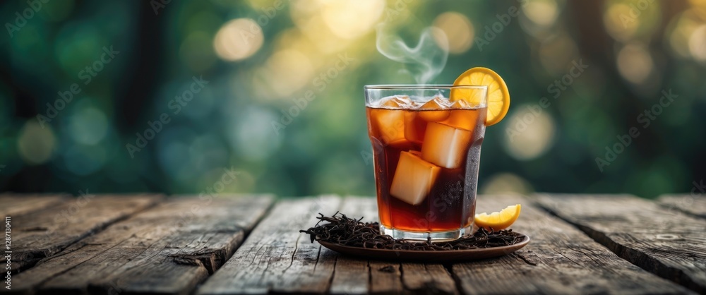Poster Iced Tea with Lemon and Milk on a Wooden Table with a Soft Focus Natural Background in a Refreshing Outdoor Setting.