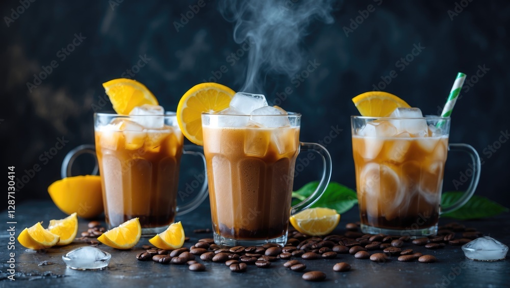 Poster refreshing homemade iced coffee with citrus garnish and steam on dark background