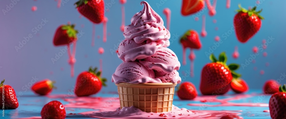 Poster delicious strawberry ice cream in waffle cone surrounded by fresh strawberries and colorful drips wi