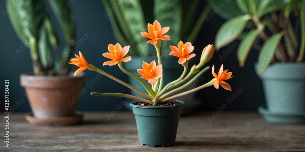 Aufkleber kalanchoe plant displaying vibrant orange flowers with room for text overlay on rustic table backgro