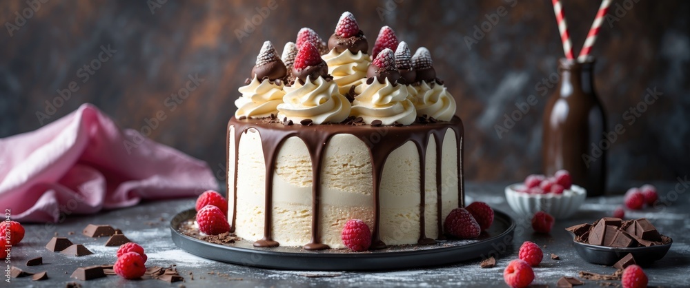 Poster indulgent ice cream cake topped with chocolate drizzle and fresh raspberries on a dark rustic backgr