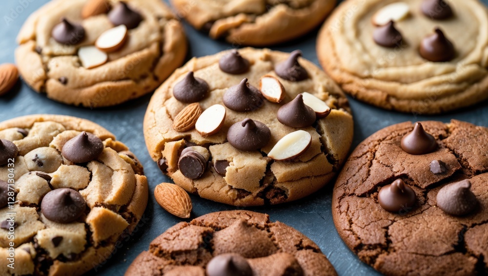 Poster assorted homemade cookies featuring chocolate chips and almonds arranged artistically for a tempting