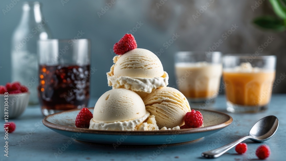 Poster Delicious Ice Cream Scoops Topped With Raspberries On A Plate Surrounded By Refreshing Drinks And Empty Space For Text