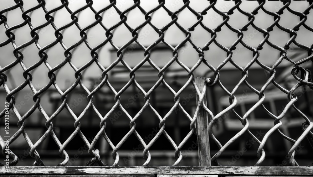 Aufkleber monochrome close-up of a chain link fence showcasing intricate patterns and textures against a blurr