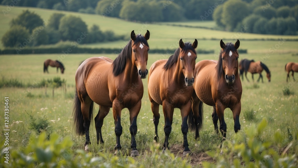 Poster horses grazing in lush green meadow with scenic countryside background and ample space for text over