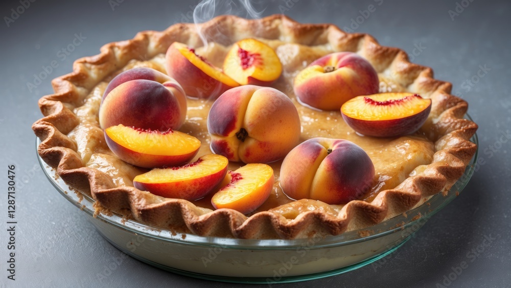 Poster fresh homemade peach pie with juicy slices and steaming crust on gray surface decorated with whole p