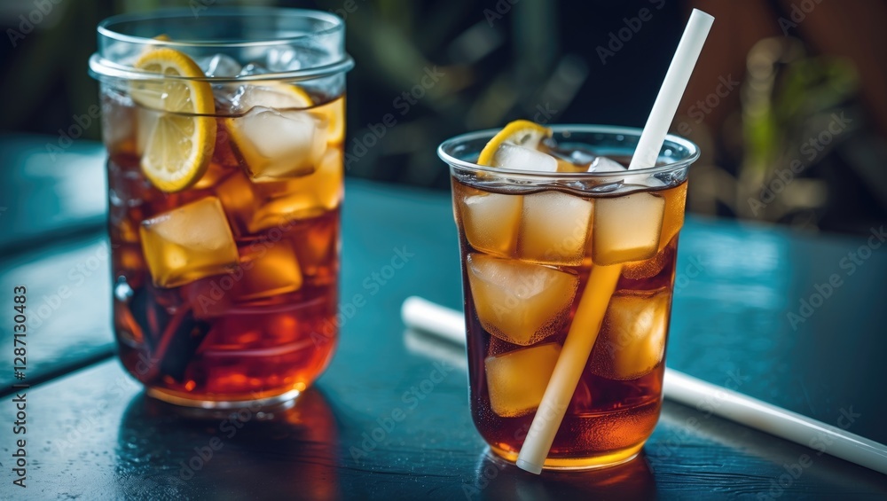 Aufkleber Refreshing Iced Tea in Clear Cups with Ice and Lemon Slices on a Dark Surface with Space for Text or Design Elements