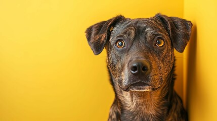 Brown Dog Against Yellow Background Posing For Photo
