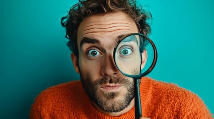 Man with Curly Hair Holding Magnifying Glass