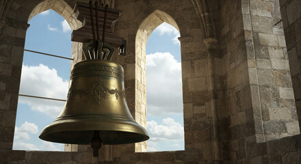Fototapeta premium Easter church bell. Large bronze bell hanging in church tower with scenic windows