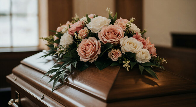 Ata&uacute;d con tapa cerrada y flores artificiales para servicio f&uacute;nebre