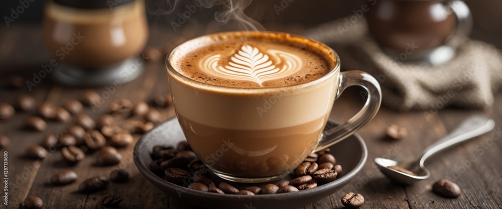 Poster warm coffee latte with artful foam and coffee beans on wooden table with copy space for text