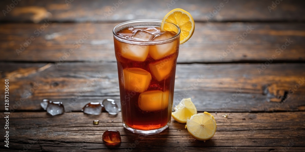 Poster Refreshing Iced Tea Served in a Glass with Lemon Garnish on a Rustic Wooden Table Surrounded by Ice Cubes and Lemon Slices