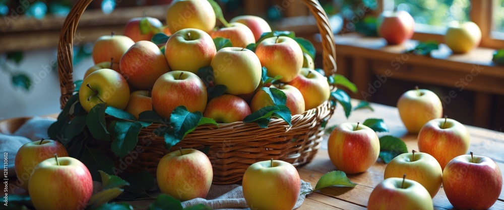 Poster fresh jonagold apples in a woven basket on a rustic wooden table surrounded by more apples and green