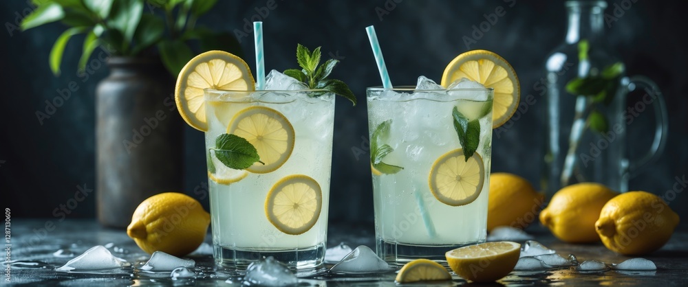Poster Refreshing Lemonade With Fresh Slices and Mint in Clear Glasses Surrounded by Lemons and Ice on a Dark Background