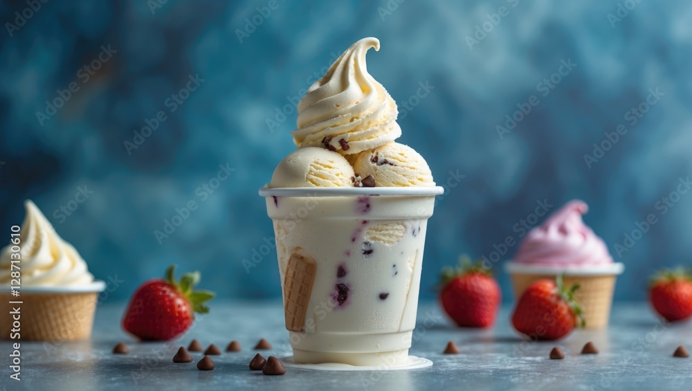Poster delicious soft serve ice cream in plastic cup with strawberries and chocolate chips on gray backgrou
