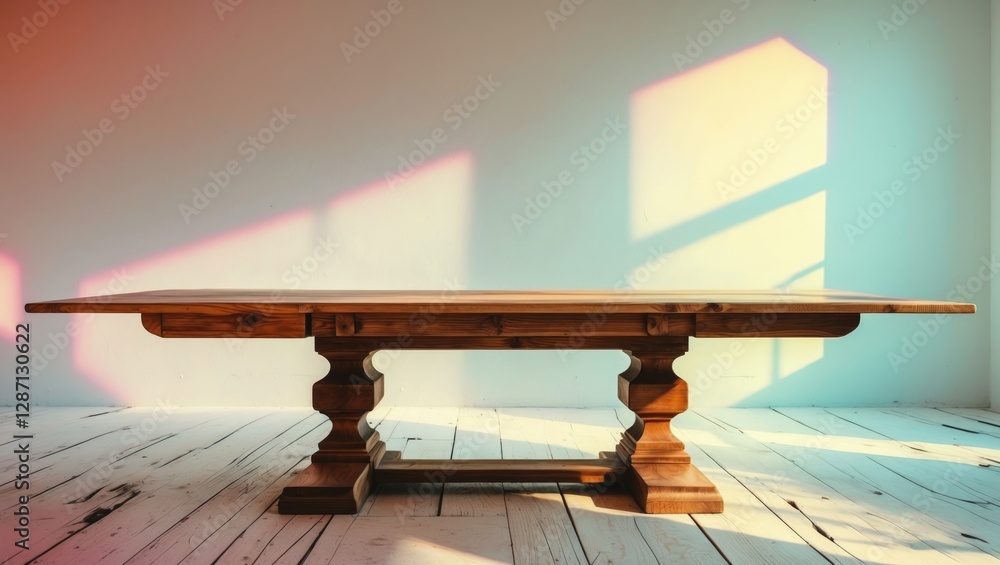 Fototapete vintage wooden table with elegant design and textured surface displayed against a minimalistic white