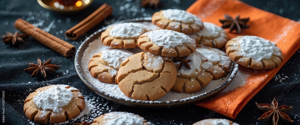 Poster homemade cookies dusted with powdered sugar on a dark textile, complemented by cinnamon sticks and s