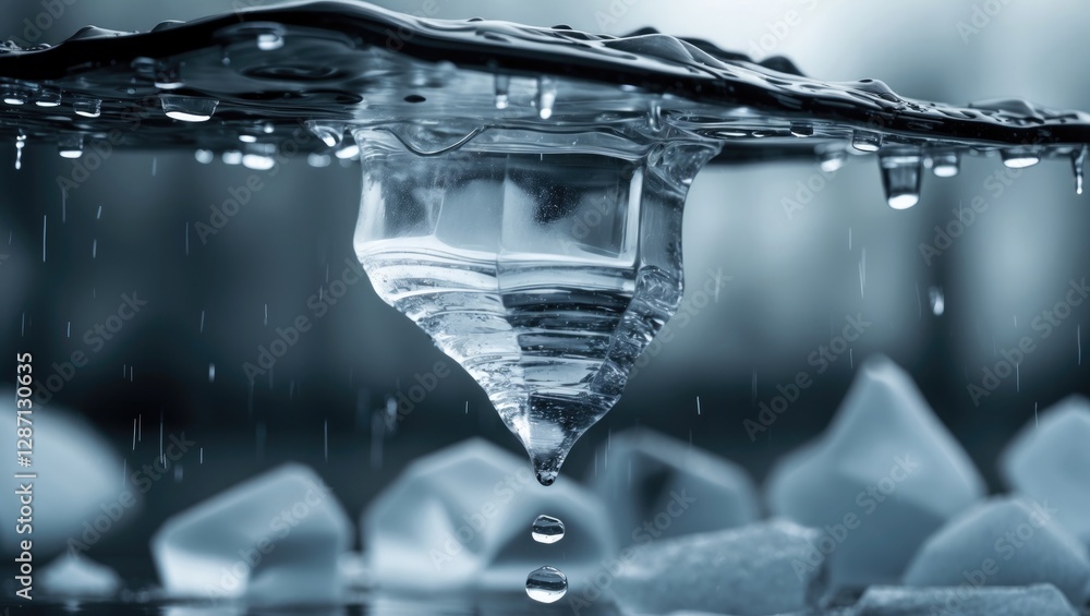Poster Melting ice creates intricate patterns in water with droplets cascading, captured in a monochromatic close-up shot.