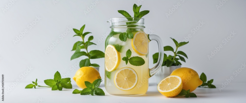 Poster refreshing summer lemonade in a jar with sliced lemons and fresh mint on a white background ideal fo