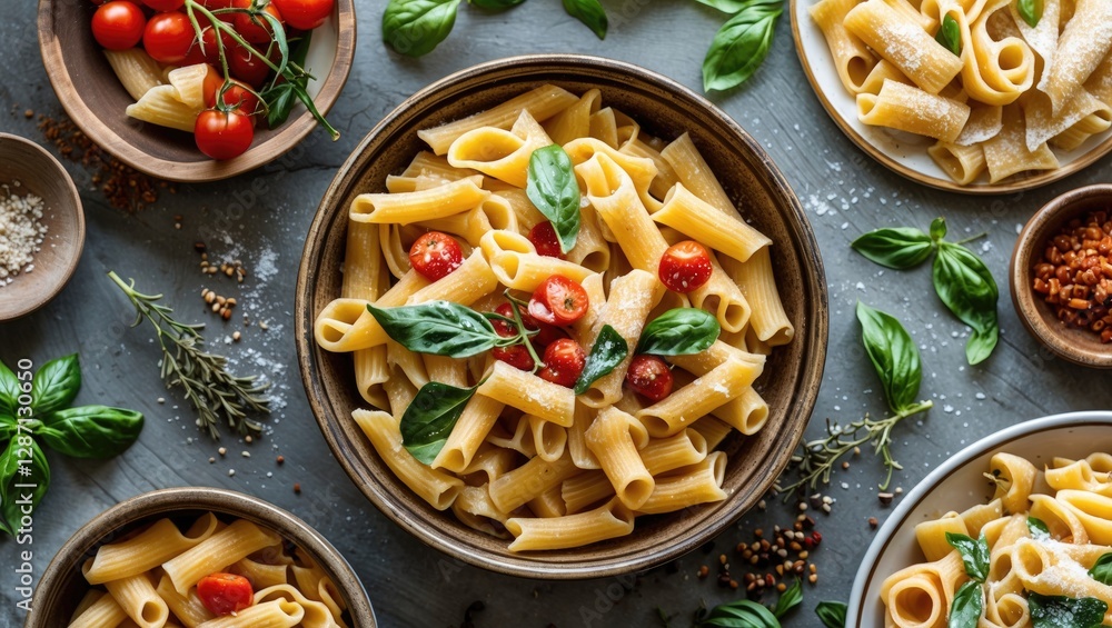 Poster delicious italian pasta dish garnished with fresh tomatoes and basil on a rustic table setting with 