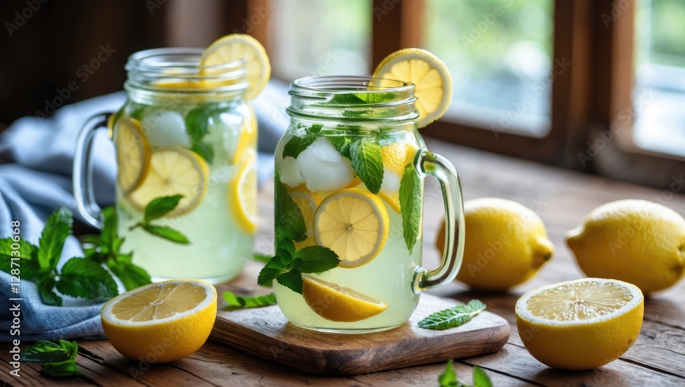 Poster refreshing homemade lemonade with fresh mint and sliced lemons in mason jars on a wooden table perfe