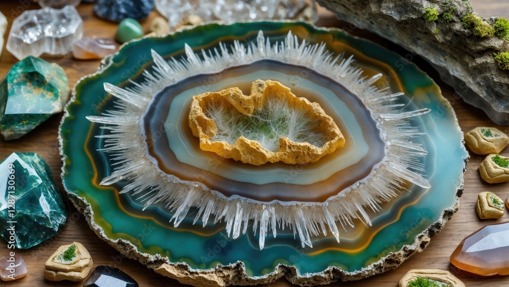 Poster moss agate with crystal dendrite macro shot on wood background surrounded by decorative stones and g