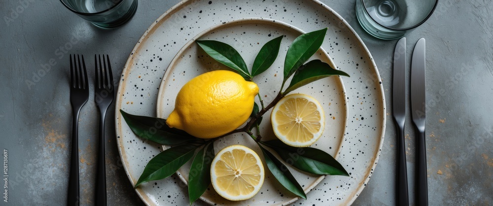 Poster lemon with leaves on speckled plates surrounded by elegant cutlery and glassware on a rustic texture