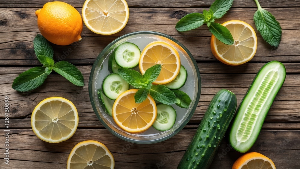 Poster refreshing homemade lemonade with mint, cucumber, lemon and orange on a rustic wooden table backgrou