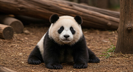 Obraz premium Cute baby panda playing in the environment, surrounded by logs and natural decor