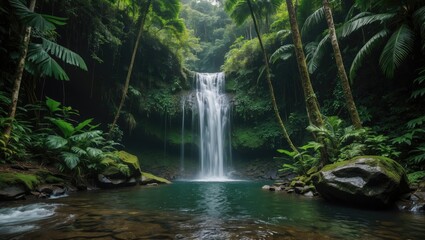 Naklejka premium Serene Hidden Waterfall Surrounded by Lush Greenery in a Tropical Rainforest Setting