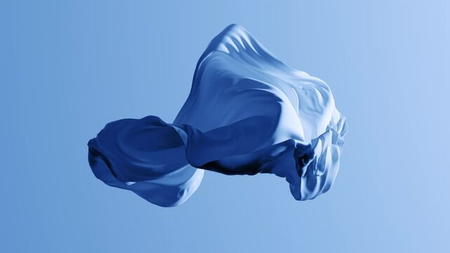 3D animation, motion design. Abstract animated cloth in shades of blue, with delicate waves of drape gracefully moving in a fluid motion. The fabric floats and sways, isolated on a neutral background