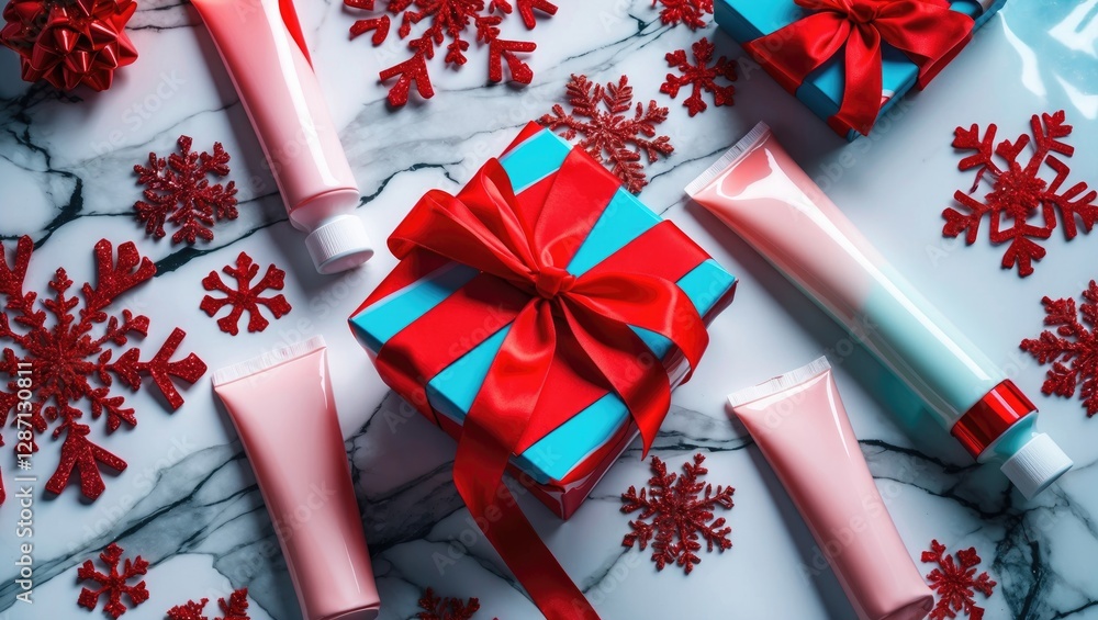 Poster cosmetic tubes and a gift box with red ribbon arranged on a marble background decorated with red sno