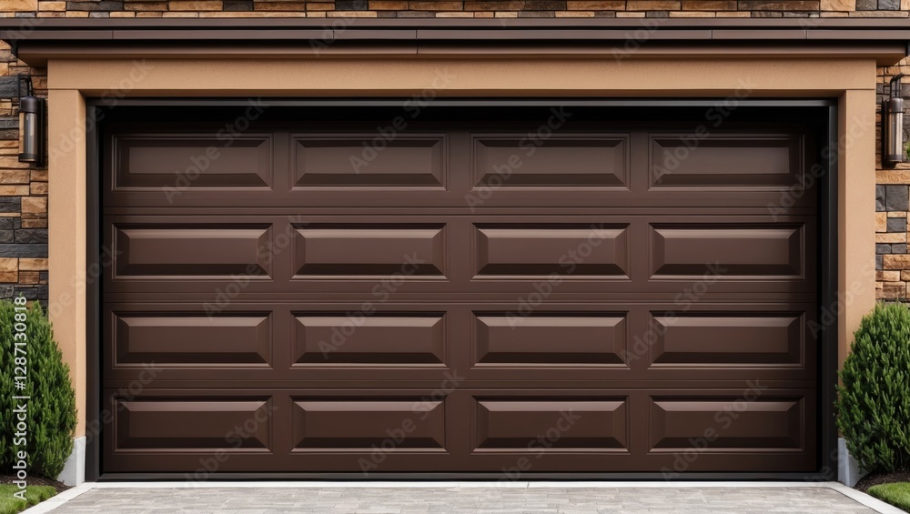 Poster elegant brown garage door design with geometric patterns complemented by a modern stone facade and l