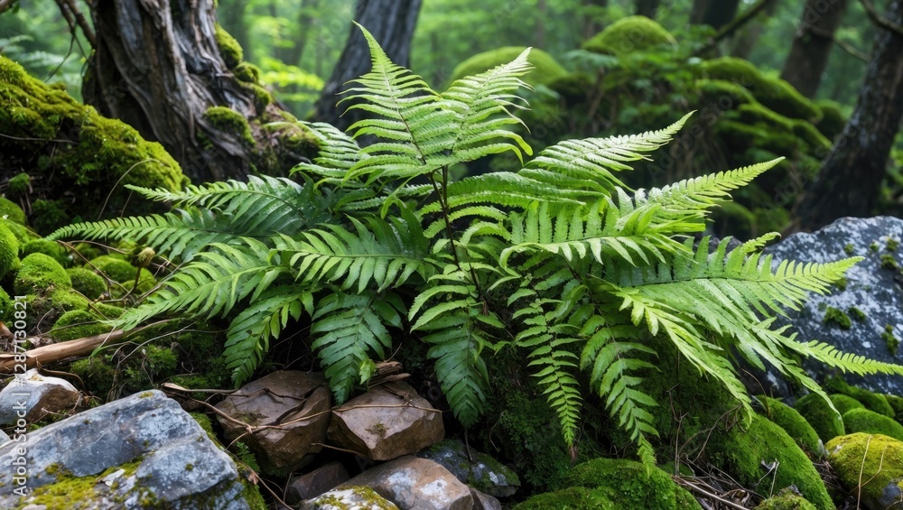 Poster Lush green ferns thriving in a natural forest setting showcasing diverse species and their adaptability to various environments.