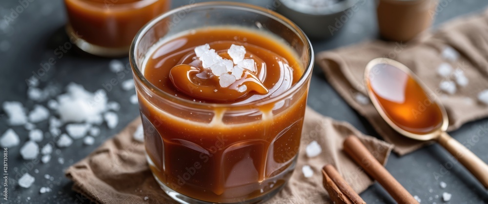 Poster delicious homemade salted caramel sauce in glass with sea salt for ice cream and desserts on dark ba