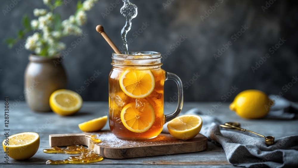 Poster Refreshing Iced Lemon Honey Tea with Slices in a Jar Surrounded by Fresh Lemons and Honey on a Rustic Table for Summer Vibes