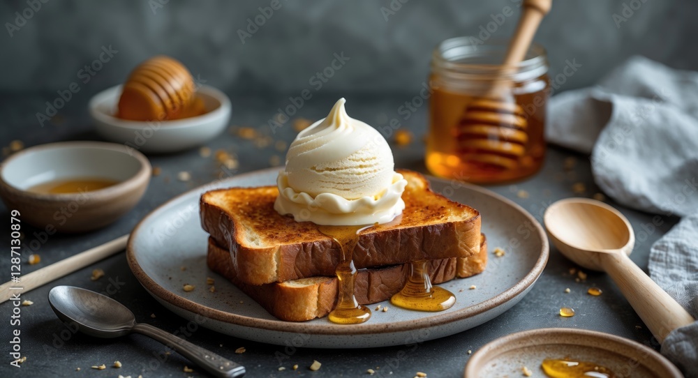 Poster Honey Butter Toast Topped with Vanilla Ice Cream and Drizzled Honey on a Rustic Plate with Space for Text or Branding
