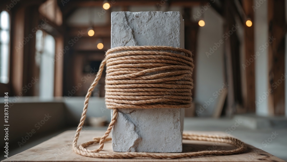 Aufkleber hemp rope wrapped around a concrete pillar showcasing rustic decor and minimalist design in a spacio